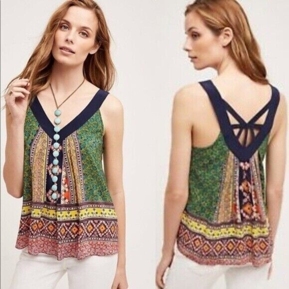 NWT Anthropologie Maeve Sapelo Silk Scarf Print Boho Tank Top Blouse 0‎ 2 XS
